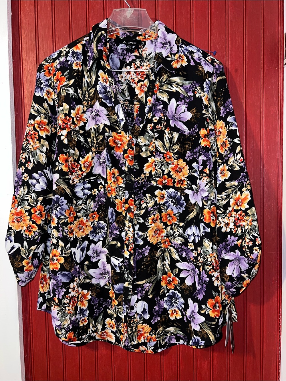A. Byer Black Floral Button-Up Shirt Jacket with Orange & Purple Blooms